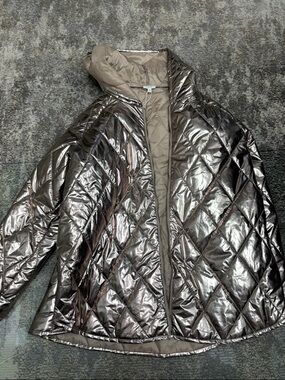 Quilted Metallic Hooded Puffer Jacket - Taupe Shimmer